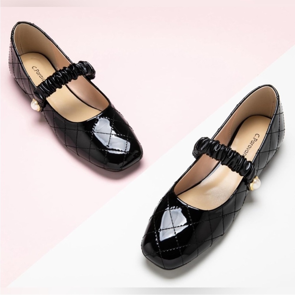 C.Paravano Black Patent Mary Jane Square Toe Ballet Flats with Pearl Detail 38EU - Picture 8 of 8
